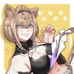  1girl animal_ear_fluff animal_ears bare_shoulders black_hairband blue_eyes blush breasts brown_hair brown_nails claw_pose cleavage commentary_request dutch_angle green_eyes grin hair_over_one_eye hairband hand_up heterochromia highres honkai_(series) honkai_impact_3rd looking_at_viewer medium_breasts miao_budong multicolored_nails nail_polish navel pardofelis_(honkai_impact) purple_nails smile solo tail two-tone_background upper_body white_background yellow_background yellow_nails 