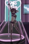  anthro antlers blush brown_body brown_hair bucklucky bulge clothed clothing deer front_view full-length_portrait girly hair hi_res horn looking_aside male mammal mouth_closed narrowed_eyes pole portrait scut_tail short_tail signature solo standing strip_club stripper_pole tail 