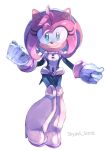  1girl amy_rose artist_name blue_eyes bodysuit boku_no_hero_academia breasts closed_mouth cosplay full_body furry furry_female gloves green_eyes highres looking_at_viewer multicolored_eyes simple_background skyavii_sonic smile solo sonic_(series) standing uraraka_ochako uraraka_ochako_(cosplay) white_background white_gloves 