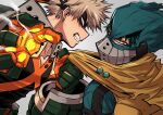  2boys angry backpack bag bakugou_katsuki belt black_mask black_tank_top blonde_hair bodysuit boku_no_hero_academia cape cape_grab cape_lift chiyaya clenched_teeth covered_face explosive eye_mask face-to-face from_side gloves glowing glowing_hand green_bodysuit green_eyes green_gloves green_hair green_mask grenade grey_background hair_through_headwear hands_up headgear highres imminent_explosion looking_at_another looking_to_the_side male_focus midoriya_izuku multiple_boys narrowed_eyes official_alternate_costume orange_gloves profile red_eyes sanpaku short_hair simple_background smoke spiked_hair spoilers tank_top teeth two-tone_gloves upper_body v-neck x yellow_bag yellow_cape 