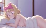  1girl ass bangs blonde_hair blue_eyes blurry blurry_background blush bow_hairband closed_mouth commentary english_commentary eyelashes from_side gazing_eye hairband highres indoors looking_at_viewer lying on_stomach pillow pink_hairband pokemon pokemon_(anime) pokemon_xy_(anime) serena_(pokemon) short_hair smile solo sweat wet 
