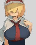  1girl alice_margatroid bangs blonde_hair blue_dress breasts capelet closed_mouth collared_capelet commentary_request cookie_(touhou) cowboy_shot dress expressionless frilled_hairband frills grey_background hair_between_eyes hair_over_eyes hairband jigen_(cookie) large_breasts looking_at_viewer nahori_(hotbeans) necktie popped_collar red_hairband red_necktie red_sash sash short_hair simple_background solo touhou white_capelet 