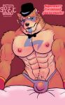  2022 abs absurd_res animatronic anthro bear biceps blush bow_tie bulge clothed clothing dian digital_drawing_(artwork) digital_media_(artwork) ear_piercing five_nights_at_freddy&#039;s five_nights_at_freddy&#039;s:_security_breach fur glamrock_freddy_(fnaf) gloves handwear hat headgear headwear hi_res looking_at_viewer machine male mammal muscular muscular_anthro muscular_male nipples open_mouth pecs piercing pubes robot scottgames signature simple_background smile solo steel_wool_studios text thong underwear vein veiny_muscles 