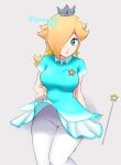  1girl blonde_hair blue_eyes blue_gloves blue_shirt clothes_lift crown earrings gloves hair_over_one_eye highres jewelry long_hair looking_at_viewer mario_(series) mario_golf official_alternate_costume pantyhose purple_nails rosalina shirt single_glove skirt skirt_lift solo star_(symbol) star_earrings twitter_username wand white_pantyhose white_skirt yyouauo33 
