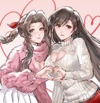  2girls aerith_gainsborough alternate_costume bangs braid braided_ponytail breasts brown_hair cleavage cleavage_cutout clothing_cutout earrings final_fantasy final_fantasy_vii final_fantasy_vii_remake green_eyes grey_sweater hair_between_eyes hair_ribbon heart heart_cutout heart_earrings heart_hands heart_hands_duo highres jewelry kivavis large_breasts light_blush long_hair long_sleeves looking_at_viewer medium_breasts multiple_girls parted_bangs pink_background pink_sweater red_eyes red_ribbon red_skirt ribbon sidelocks single_braid skirt smile straight_hair sweater tifa_lockhart turtleneck turtleneck_sweater upper_body wavy_hair white_skirt 