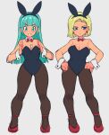 2girls android_18 animal_ears aqua_hair bare_shoulders black_leotard blonde_hair blue_eyes bow bowtie breasts breasts_squeezed_together brown_pantyhose bulma cleavage closed_mouth detached_collar dragon_ball earrings expressionless fake_animal_ears full_body grin hands_on_hips jewelry leotard long_hair looking_at_viewer looking_to_the_side multiple_girls pantyhose playboy_bunny red_footwear short_hair slammo smile standing strapless strapless_leotard wrist_cuffs 