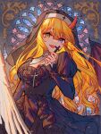  1girl black_dress blonde_hair breasts catholic cross cross_print crucifix dress frilled_dress frills heterochromia highres holding holding_cross horns i_became_a_god_in_a_horror_game large_breasts leiluoreo long_hair long_sleeves looking_at_viewer nun open_mouth phoebe_(i_became_a_god_in_a_horror_game) purple_eyes single_horn smile solo wavy_hair 