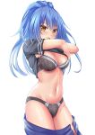  1girl absurdres bangs black_bra black_panties black_shirt blue_hair blue_skirt blush bra breasts clothes_lift clothes_pull cowboy_shot faltnep_tsukasa frown highres lace-trimmed_bra lace-trimmed_panties lace_trim lifted_by_self long_hair looking_at_viewer medium_breasts navel open_clothes open_mouth open_skirt original panties ponytail shirt shirt_lift short_sleeves simple_background skirt skirt_pull solo standing underwear undressing white_background yellow_eyes 