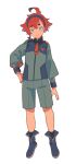 1girl ahoge aqua_eyes asticassia_school_uniform black_hairband boots dou_(mame_eee) full_body green_jacket green_shorts gundam gundam_suisei_no_majo hair_between_eyes hairband hand_on_hip highres jacket long_sleeves looking_at_viewer red_hair school_uniform short_hair_with_long_locks shorts single_sidelock smile solo standing suletta_mercury thick_eyebrows white_background 
