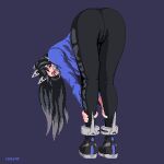  1girl ankle_cuffs ass bent_over black_hair black_pants cameltoe colored_tips goddess_of_victory:_nikke grabbing_own_ankles grey_hair highres jacket long_hair mask multicolored_hair pants pixel_art purple_eyes purple_jacket rom34t shoes simple_background sin_(nikke) sneakers solo twitter_username two-tone_hair white_headwear yoga_pants 