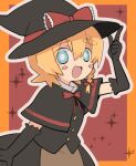  1girl :d apron bangs black_capelet black_gloves black_headwear black_skirt black_vest blonde_hair blue_eyes blush blush_stickers bow bowtie braid bright_pupils buttons capelet cookie_(touhou) cowboy_shot elbow_gloves gloves hair_between_eyes hair_bow hat hat_bow kirisame_marisa looking_at_viewer meguru_(cookie) nahori_(hotbeans) open_mouth orange_background outline red_background red_bow red_bowtie shirt short_hair single_braid skirt skirt_set smile solo sparkle touhou two-tone_background vest waist_apron white_outline white_pupils white_shirt witch_hat 