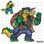  2023 3_toes 4_fingers alligator alligatorid anthro biped bottomwear brok_(character) brok_the_investigator clothing crocodilian dadotronic feet fingers green_body hat headgear headwear humanoid_hands pants reptile scalie shirt solo toes topwear 