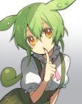  1girl :o bangs commentary_request finger_to_mouth frilled_shirt frilled_sleeves frills gradient_background green_hair green_shorts green_suspenders grey_background hair_between_eyes index_finger_raised long_hair looking_at_viewer nahori_(hotbeans) neck_ribbon open_mouth personification pink_ribbon puffy_short_sleeves puffy_sleeves ribbon shirt short_sleeves shorts solo suspenders upper_body voicevox white_shirt yellow_eyes zundamon 
