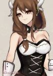  1girl absurdres bangs bare_shoulders braid breasts brown_eyes brown_hair cleavage commentary corset fire_emblem fire_emblem_engage gloves goldmary_(fire_emblem) grey_background hair_ribbon highres large_breasts long_hair looking_at_viewer none1504 ribbon simple_background single_braid smile solo strapless upper_body white_gloves white_ribbon 