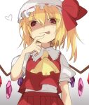  1girl :p ascot bangs blonde_hair breasts closed_mouth collared_shirt commentary cowboy_shot crystal flandre_day flandre_scarlet frilled_shirt_collar frills gradient_background grey_background hair_between_eyes hat hat_ribbon heart looking_at_viewer medium_hair mob_cap nahori_(hotbeans) one_side_up puffy_short_sleeves puffy_sleeves red_eyes red_ribbon red_skirt red_vest ribbon shaded_face shirt short_sleeves skirt skirt_set slit_pupils small_breasts smile solo tongue tongue_out touhou vest white_background white_headwear white_shirt wings yellow_ascot 