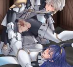  1boy 1girl absurdres armor bangs bar_censor birthmark blue_eyes blue_hair blush breasts censored clitoris commission commissioner_upload eyes_of_grima fire_emblem fire_emblem_awakening fire_emblem_heroes folded gloves hair_between_eyes hana-ko_(kahun9893) happy_sex hetero highres holding leggings long_hair lucina_(fire_emblem) no_panties non-web_source official_alternate_costume open_mouth penis pussy robe robin_(fire_emblem) robin_(male)_(fire_emblem) short_hair skeb_commission small_breasts smile spread_legs sweat tiara torn_clothes vaginal white_hair 