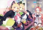  3girls :3 :q animal_ear_headphones animal_ears bag bag_of_chips bangs black_skirt black_thighhighs blonde_hair blue_archive blue_bow blush bow braid buttons cat_ear_headphones cat_ears checkerboard_cookie chips_(food) closed_mouth coat coffee coffee_mug collared_shirt commentary_request cookie copyright copyright_name couch cup cushion dated doughnut eating eyelashes fake_animal_ears food food_in_mouth green_eyes hair_bow hair_ornament halo handheld_game_console hands_up headphones highres holding holding_food holding_handheld_game_console holding_pocky hood hood_down hooded_coat indoors kneeling licking_lips long_hair long_sleeves looking_at_viewer looking_back medium_hair midori_(blue_archive) momoi_(blue_archive) mouth_hold mug multiple_girls multiple_hair_bows nintendo_switch no_shoes off_shoulder official_art on_couch open_clothes open_coat paper parted_bangs picture_frame pillow pink_eyes plate pleated_skirt pocky potato_chips purple_eyes red_bow red_hair shirt siblings sidelocks single_braid sitting skirt smile soles swept_bangs table thighhighs tongue tongue_out twins very_long_hair watermark wavy_hair white_bow white_coat white_shirt wide_sleeves yetti yuzu_(blue_archive) 