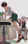  2boys arm_support armpits arms_behind_head arms_up ass bangs bare_shoulders black_hair black_tank_top blurry brown_hair cable card cpu depth_of_field desk flip-flops green_shorts grey_hair grey_pants hand_up highres holding holding_card hunter_x_hunter jewelry killua_zoldyck looking_at_another looking_away looking_to_the_side male_focus monitor mr-study multiple_boys one_knee pants pendant sandals shoe_soles short_hair shorts simple_background sleeveless spiked_hair stool striped striped_pants tank_top white_background white_hair 
