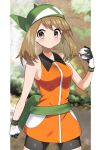  1girl absurdres bandana bangs bare_arms bike_shorts blush brown_eyes brown_hair clenched_hand closed_mouth commentary_request cowboy_shot dress eyelashes fanny_pack gloves green_bag green_bandana hand_up highres holding holding_poke_ball may_(pokemon) medium_hair orange_dress pillarboxed poke_ball pokemon pokemon_(game) pokemon_emerald pokemon_rse premier_ball sleeveless sleeveless_dress smile solo split_mouth white_gloves yuihico 