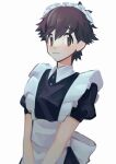  1boy absurdres alternate_costume apron bangs black_dress blush brown_eyes brown_hair closed_mouth commentary_request dress enmaided highres maid maid_headdress male_focus pokemon red_(pokemon) short_hair short_sleeves simple_background solo wanichi white_apron white_background 
