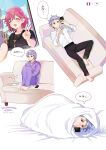  1boy 1girl artist_name bangs barefoot belt black_belt black_pants black_shirt blush clarinet collared_shirt couch full_body grey_hair hair_between_eyes hat highres hugging_own_legs instrument krudears lanyard long_sleeves looking_at_phone pajamas pants phone pink_hair protagonist_(tokimemo_gs3) purple_headwear purple_pajamas purple_pants purple_shirt reclining red_eyes santa_hat shirt shitara_seiji short_hair sparkle sweat thought_bubble tokimeki_memorial tokimeki_memorial_girl&#039;s_side_3rd_story translation_request twitter_username v white_shirt 