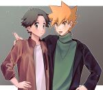  2boys absurdres bangs black_jacket blue_oak brown_eyes brown_hair brown_jacket closed_mouth commentary_request green_sweater hand_on_another&#039;s_shoulder hand_on_hip highres jacket long_sleeves looking_at_viewer male_focus multiple_boys open_clothes open_jacket orange_hair outline pokemon red_(pokemon) shirt short_hair spiked_hair sweater tongue tongue_out upper_body wanichi white_shirt 