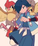  1boy bangs bird black_wristband blue_eyes blue_hair blue_jacket blue_kimono clenched_hand commentary_request falkner_(pokemon) hair_over_one_eye haori highres jacket japanese_clothes kimono male_focus open_clothes open_jacket parted_lips pidgeotto pidgey pokemon pokemon_(creature) pokemon_(game) pokemon_hgss sash short_hair short_sleeves tyako_089 wristband 