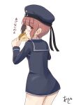  1girl akashieru ass back black_dress black_sailor_collar brown_eyes clothes_writing doughnut dress eating food food_on_face hat highres holding holding_food kantai_collection looking_at_viewer looking_back peaked_cap red_hair sailor_collar sailor_dress sailor_hat short_hair signature simple_background solo white_background z3_max_schultz_(kancolle) 