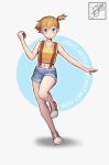  1girl bangs bare_arms blue_eyes blue_shorts blush closed_mouth commentary full_body hand_up highres hirosenpai holding holding_poke_ball knees leg_up looking_at_viewer misty_(pokemon) navel one_side_up orange_hair poke_ball poke_ball_(basic) pokemon pokemon_(anime) pokemon_(classic_anime) shirt shoes short_hair short_shorts shorts sleeveless sleeveless_shirt smile sneakers solo suspenders web_address yellow_shirt 
