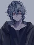  1boy bishounen black_shirt grey_hair highres jacket male_focus original red_eyes scar scar_across_eye shirt short_hair simple_background solo taiyakitarou upper_body white_background 