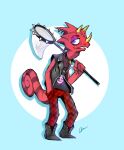  3_horns 4_fingers animal_crossing anthro biped bug_catching_net cc-by-nc chameleon clothed clothing creative_commons fingers flick_(animal_crossing) geyko hand_in_pocket holding_object horn lizard male multi_horn nintendo pockets reptile scalie solo tail 