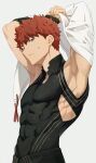  1boy absurdres armpits arms_behind_head commentary commentary_request covered_abs covered_navel emiya_shirou fate/grand_order fate_(series) grey_background highres looking_at_viewer male_focus okonon_(kado_colda) orange_hair senji_muramasa_(fate) senji_muramasa_(second_ascension)_(fate) simple_background solo upper_body yellow_eyes 