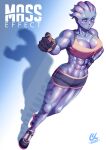  2020 abs alien blue_skin blush colored_skin freckles gloves liara_t&#039;soni mass_effect mass_effect_(series) muscular muscular_female phoebus_art shadow shoes shorts signature sneakers tank_top tentacle_hair white_background 