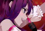  1girl :d absurdres arm_up bare_shoulders blush commentary_request detached_sleeves from_side highres holding holding_microphone hoshino_ai_(oshi_no_ko) looking_away microphone oshi_no_ko profile puffy_short_sleeves puffy_sleeves purple_eyes purple_hair red_background short_sleeves smile solo symbol-shaped_pupils teeth tsurara_eeri upper_body upper_teeth_only white_sleeves 