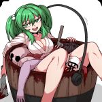  1girl black_hair blood breasts bright_pupils bucket cleavage commentary corpse english_commentary fang formicid green_eyes green_hair guro hair_bobbles hair_ornament half-closed_eyes japanese_clothes kimono kisume large_breasts looking_at_viewer nata_(tool) open_mouth simple_background sin_sack solo_focus touhou two_side_up white_background white_kimono white_pupils 