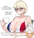  1girl bikini black-framed_eyewear blonde_hair blue_eyes breasts chair cleavage closed_mouth collarbone cup earrings expressionless french_flag_bikini holding holding_cup jewelry large_breasts looking_at_viewer ohasi original plate short_hair solo stud_earrings sunglasses swimsuit syrup teacup upper_body 
