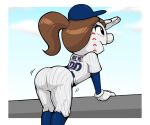  2023 ball baseball_(ball) baseball_cap baseball_uniform brown_hair butt butt_focus clothing denzeltip female for_a_head hair hat headgear headwear hi_res humanoid leaning leaning_forward mascot mlb mrs._met new_york_mets not_furry object_head ponytail solo sportswear uniform 