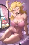  1girl absurdres arm_support arm_up bare_arms bare_shoulders blonde_hair breasts cleavage crown echo_saber english_commentary heart highres large_breasts lingerie mario_(series) mushroom princess_peach sitting solo spaghetti_strap thighs underwear unworn_crown 
