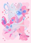  absurdres blue_eyes cleffa commentary cryotters food highres ice_cream ice_cream_cone jigglypuff no_humans open_mouth pink_background pink_theme pokemon pokemon_(creature) simple_background smile sparkle sylveon symbol-only_commentary 