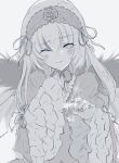  1girl dress flower frilled_sleeves frills gothic_lolita greyscale hairband kiru_(m_putorius) lolita_fashion lolita_hairband long_hair monochrome one_eye_closed rose rozen_maiden simple_background solo static_electricity suigintou upper_body wide_sleeves wince wings 