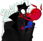  2023 absurd_res domestic_pig english_text eyes_closed hi_res human interspecies kissing male mammal onomatopoeia romantic romantic_couple scepterno simple_background solo sound_effects spider-ham_(character) spider-man:_into_the_spider-verse spider-man_noir suid suina sus_(pig) text white_background 