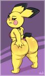  absurd_res annoyed big_butt bikini blush butt butt_focus butt_grab clothing female feral fur generation_2_pokemon hand_on_butt heshieokf hi_res nintendo pichu pokemon pokemon_(species) red_bikini red_clothing red_swimwear signature simple_background slightly_chubby solo swimwear thick_thighs yellow_body yellow_fur 