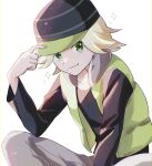  1boy absurdres black_headwear black_shirt blonde_hair closed_mouth commentary_request curtis_(pokemon) green_eyes green_vest grey_pants hand_up hat highres jayj_824 long_sleeves looking_at_viewer male_focus medium_hair open_clothes open_vest pants pokemon pokemon_(game) pokemon_bw2 shirt smile solo sparkle vest white_background 