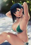  1girl alternate_hairstyle arms_behind_head arms_up bikini blue_eyes blue_hair blurry blurry_background blush breasts collarbone commentary_request day depth_of_field front-tie_bikini_top front-tie_top green_bikini hair_behind_ear hair_down halterneck highres kantai_collection knees_up large_breasts looking_at_viewer medium_hair open_mouth outdoors plump revision river shibafu_(glock23)_(style) side-tie_bikini_bottom sitting skindentation solo souryuu_(kancolle) string_bikini sweat swimsuit tying_hair wa_(genryusui) 