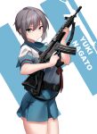  1girl absurdres assault_rifle blue_skirt brown_eyes character_name expressionless grey_hair gun h highres holding holding_gun holding_weapon howa_type_89 kita_high_school_uniform looking_at_viewer nagato_yuki rifle rynn_(rynn_cube) school_uniform shirt short_hair skirt solo summer_uniform suzumiya_haruhi_no_yuuutsu thighs trigger_discipline weapon white_background white_shirt 