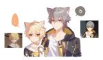  2boys aether_(genshin_impact) black_hood black_jacket black_shirt blonde_hair caelus_(honkai:_star_rail) cat_boy closed_mouth genshin_impact grey_hair hair_between_eyes highres honkai:_star_rail honkai_(series) hood hooded_jacket jacket long_hair male_focus multiple_boys raramuda_0101 scarf shirt short_hair trailblazer_(honkai:_star_rail) white_background white_scarf white_shirt yellow_eyes 