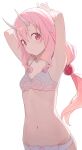  1girl armpits arms_up bare_arms beads bra breasts commentary hair_beads hair_between_eyes hair_between_horns hair_ornament highres hiroki_(yyqw7151) horns long_hair looking_at_viewer low-tied_long_hair lying navel on_stomach oni_horns panties pink_eyes pink_hair shuna_(tensei_shitara_slime_datta_ken) simple_background small_breasts solo tensei_shitara_slime_datta_ken underwear underwear_only white_background white_bra white_panties 