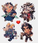  4boys animal_ears arm_guards bara bead_bracelet beads black_fur black_hair blue_hakama blush_stickers bracelet braid brown_gloves chibi collared_shirt commentary_request dragon_boy dragon_horns dragon_tail earrings emoji facial_tattoo fang film_grain fishing_hook_earrings full_body furry furry_male fuxi_(housamo) gakuran geta glasses gloves goat_boy goat_ears goat_horns goat_tail gomoku_(gomoku418) green-framed_eyewear green_eyes green_shirt grey_background grey_hair hakama hand_to_own_mouth hand_up heart heart_emoji holding holding_paper horizontal_pupils horns jacket japanese_clothes jewelry kimono long_hair looking_at_viewer macroich_(housamo) male_focus multicolored_hair multiple_boys multiple_horns multiple_swords muscular muscular_male necktie open_mouth orange_hair paper red_jacket red_necktie running sanat_kumara sandals school_uniform shirt short_hair single_braid single_horn sword sword_behind_back tail talisman tanngrisnir_(housamo) tattoo thick_eyebrows tokyo_afterschool_summoners vest weapon white_hair yellow_eyes 