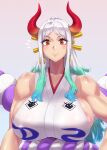  1girl areola_slip breasts club_(weapon) curled_horns earrings green_hair hair_ornament hair_stick hakama highres hoop_earrings horns huge_breasts japanese_clothes jewelry kanabou kimono long_hair looking_at_viewer mizuumi_(bb) multicolored_hair multicolored_horns one_piece oni orange_eyes orange_horns red_horns rope shimenawa sleeveless sleeveless_kimono smile solo weapon white_hair yamato_(one_piece) yellow_horns 