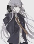  1girl adjusting_hair black_gloves black_ribbon braid brown_necktie closed_mouth collared_shirt danganronpa:_trigger_happy_havoc danganronpa_(series) gloves grey_background hair_behind_ear hair_ribbon hair_tucking hand_in_own_hair hand_up highres jacket kirigiri_kyoko long_hair looking_to_the_side necktie open_clothes open_jacket purple_hair purple_jacket ribbon santadoumi_(hunt0z) shirt side_braid simple_background solo standing upper_body white_shirt 